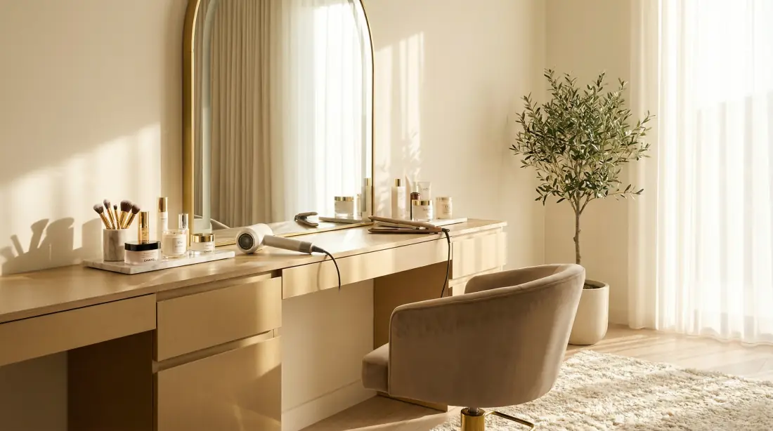 Styling-Platz mit Bürsten und Fön am Fenster