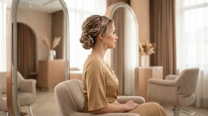Brautfrisur im Atelier, Seitenansicht